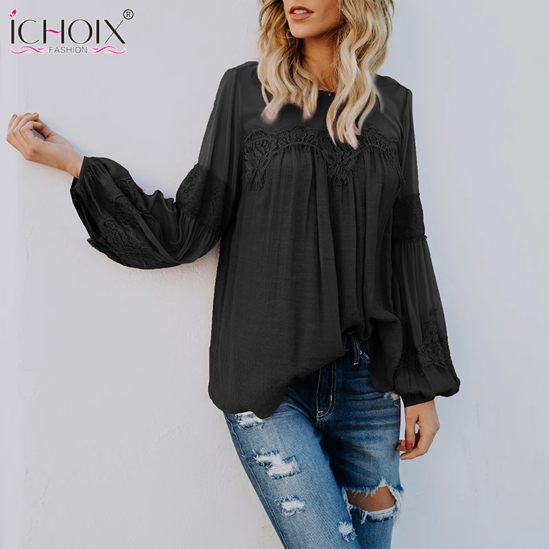  Lantern Sleeve Summer Boho Blouse Mesh Office Ladies Blouse Long Sleeve Casual Tee Shirt Loose Lace
