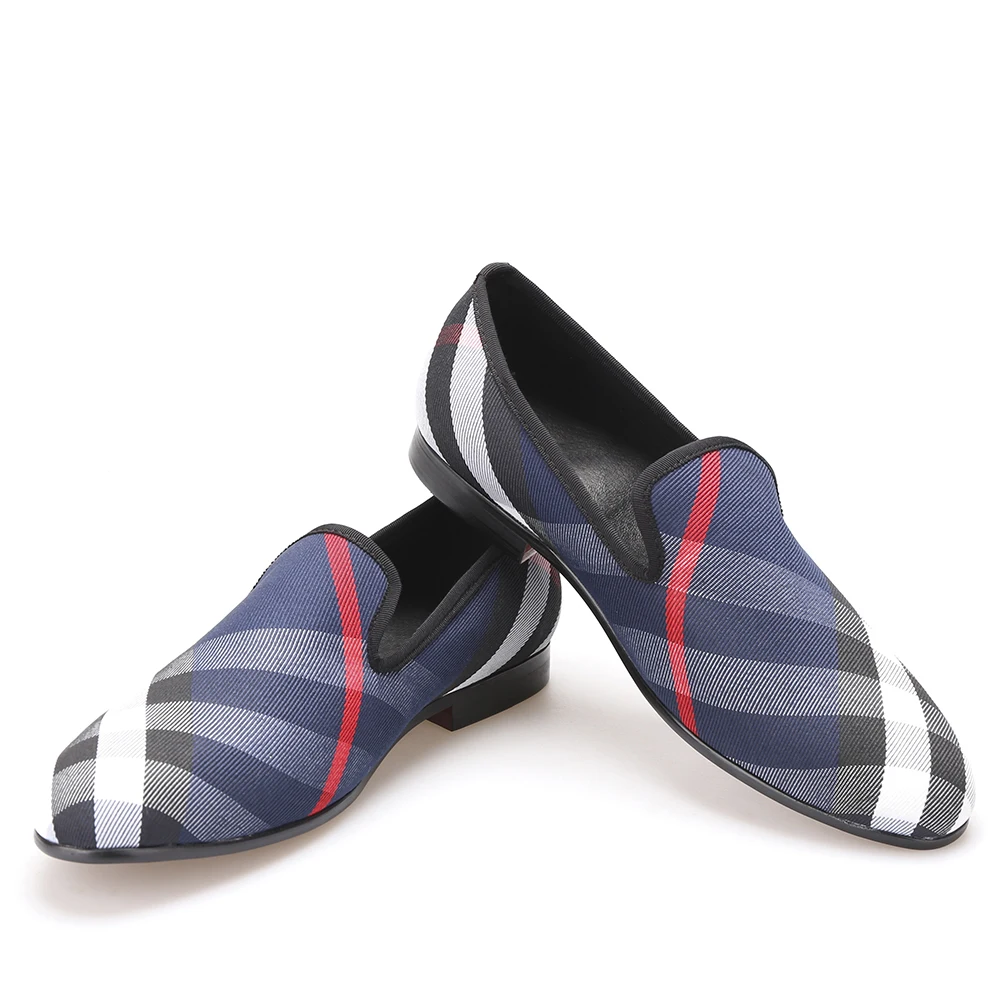 Blue and white plaid canvas shoes Luxury brand men loafers black pig leather insole men 's casual shoes