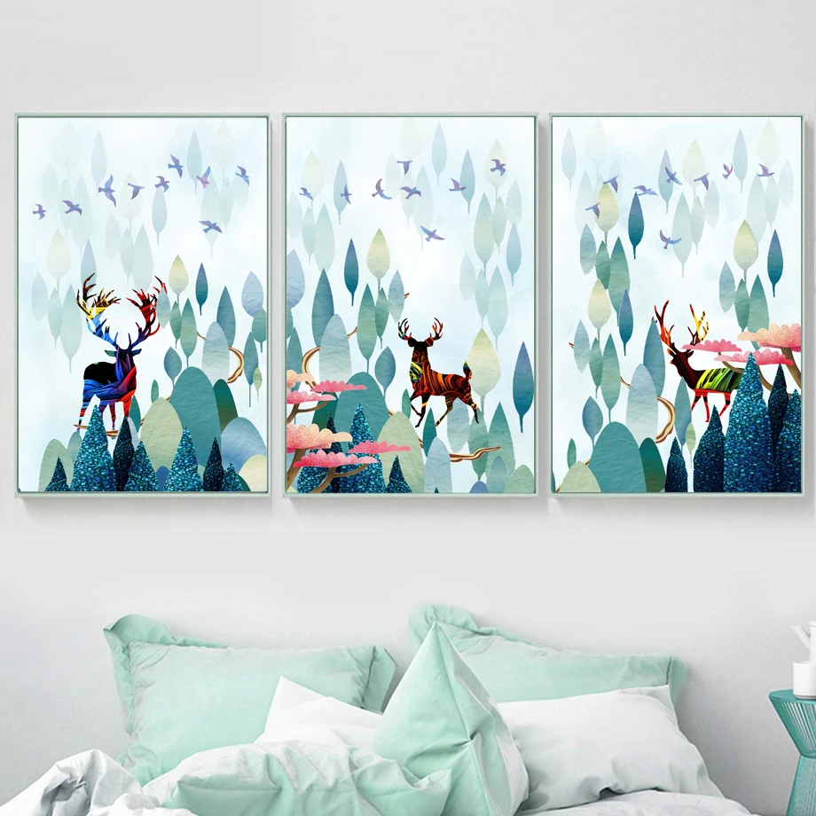 

Watercolor Forest Deer Nordic Poster And Prints Wall Art Canvas Painting Animal Wall Pictures For Living Room Bedroom Home Decor