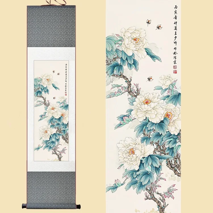 

Chinese Silk watercolor flower birds Rich white peony Bee Feng Shui ink art wall picture damask framed scroll canvas painting