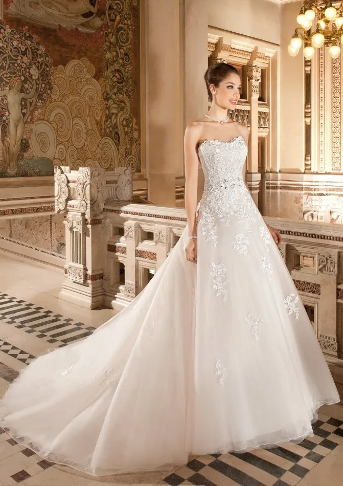 

Free Shipping Decent Scoop Neck Detachable Train Wedding Dress Lace Applique Ball Gown 2015