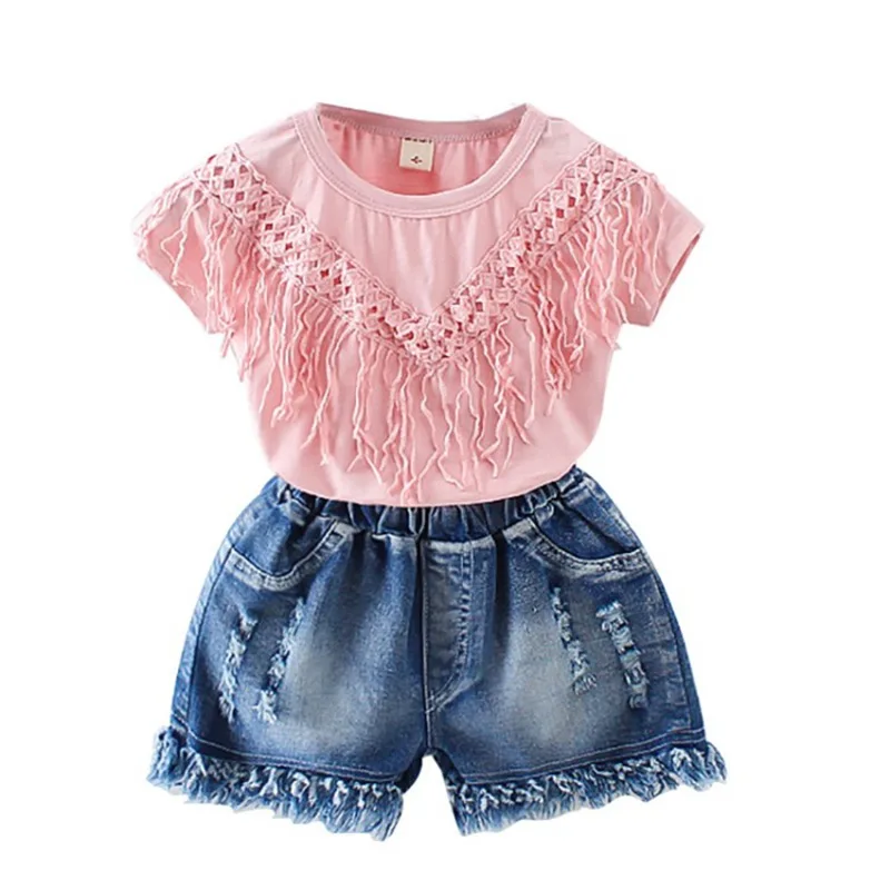 CROAL CHERIE  Baby Girl Clothes 2PCS Toddler Kids Baby Girls Outfits Short Sleeve T-shirt Tops+Short Pants Tassel Clothes Set  (13)