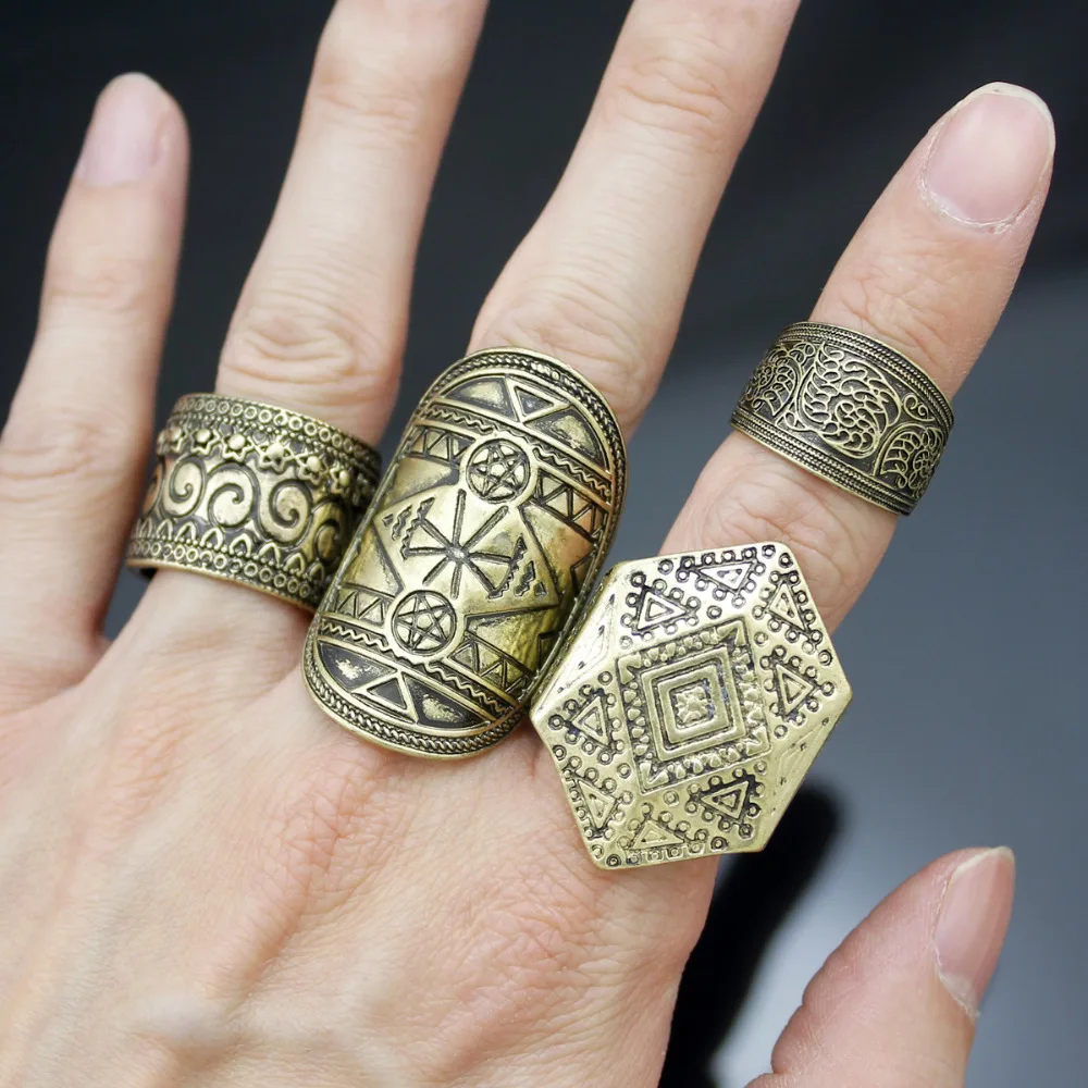 

Pack 4 Men Vintage Gold Silver Tribal Pentacle Triangle Wicca Pagan Etched Band Chunky Rings Party Anillos Bague Punk Dropship