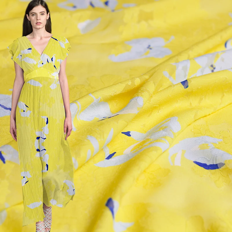 

Pearlsilk 22momme Yellow Flowers Jacquard Silk Georgette Mulberry Silk and Cotton Summer Dress DIY clothes fabrics Freeshipping