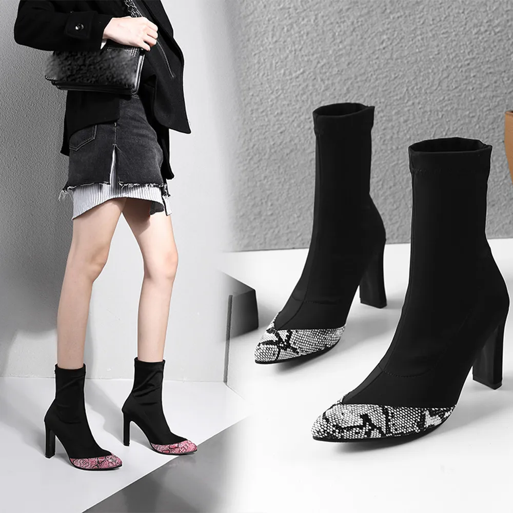 

Women's Short Boots Snakeskin Pointed Toe 2019 Stylish Winter Socks Boot Mid Calf High Heel Stretchy Elastic Warm Shoes Sexy