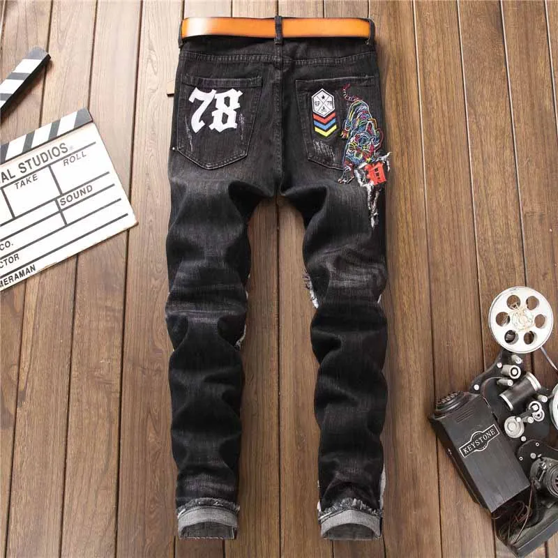 Mcikkny New Fashion Men's Punk Jeans Pants Washed Ripped Distressed Denim Trousers For Men Skull Tiger Embroidery Size 29-38 