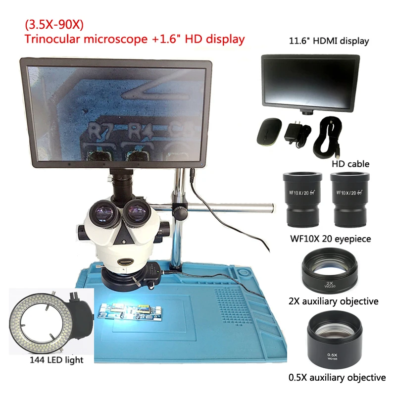 

New 3.5-90X trinocular stereo microscope +11.6 inch HDMI digital industrial microscope camera display +0.5X2X lens, repair tools