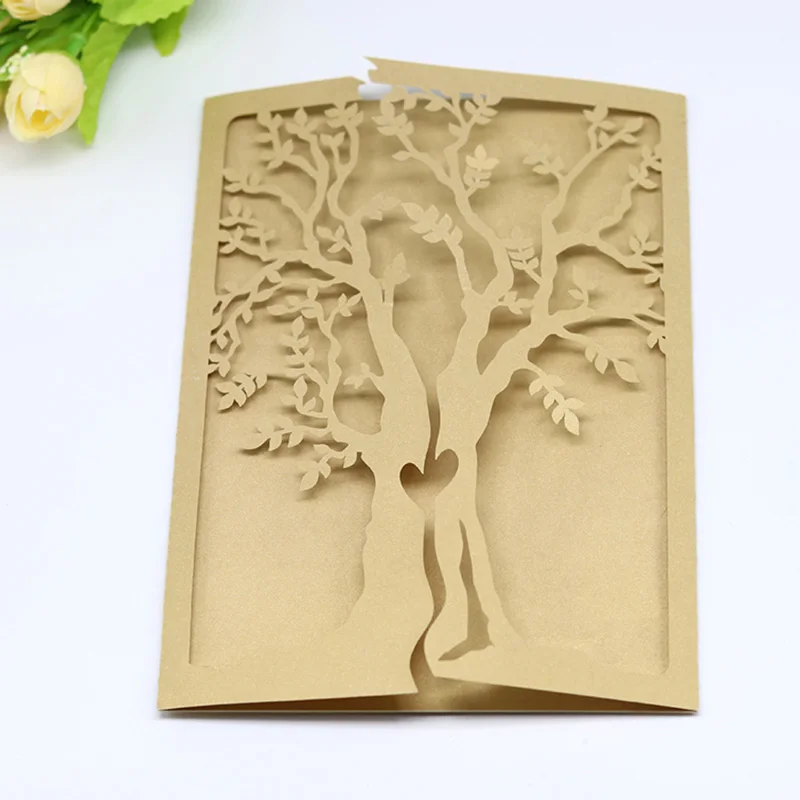  10pcs Gold Sample Laser Cut Wedding Invitations Card Elegant Tree Leaf Greeting Card Print Birthday - 4000293377928