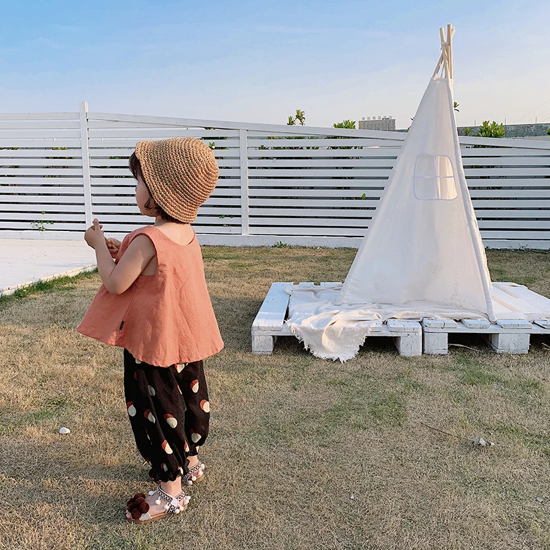 

Thin Girl's Summer Clothes Pure Color Baby Vest + Kids Lantern Trousers Two Pieces Infant Baby Sleeveless Tops+ Harem Pants