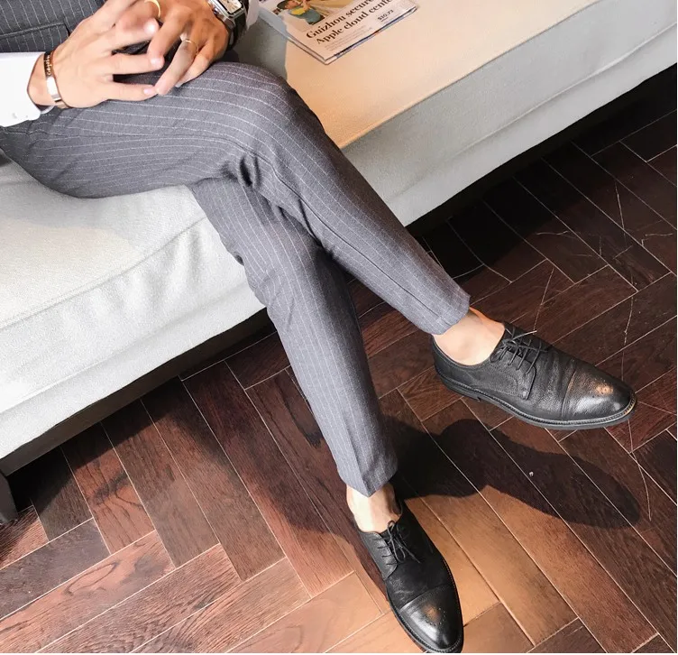 Формальные Брюки для Для мужчин Stripe Slim Fit костюм Бизнес свадебные Брюки Модный прямой Повседневное высокое качество Для мужчин s Брюки A5570