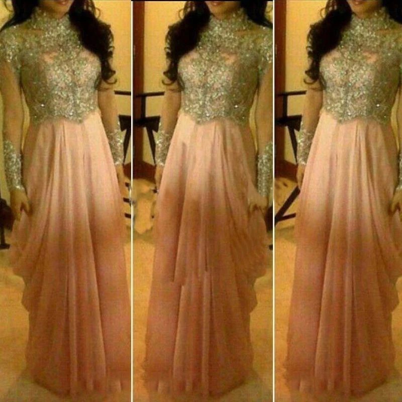 Arabic Prom Dresses High Neck Beaded Prom Dresses Sheer Illusion
