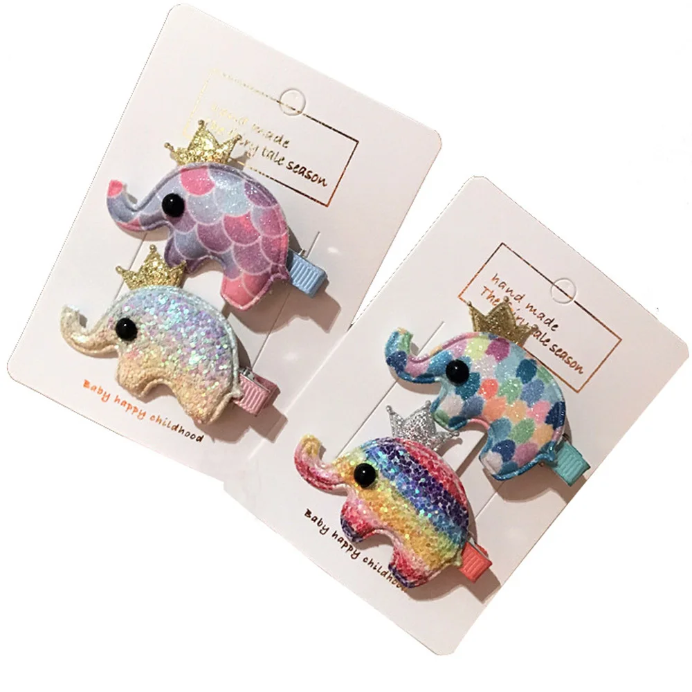 

Set of 2 pcs Cute Kids' Colorful Glitter Crown Elephant Snap Hair Clips Lined Alligator arrettes Hairpins for girls HC107