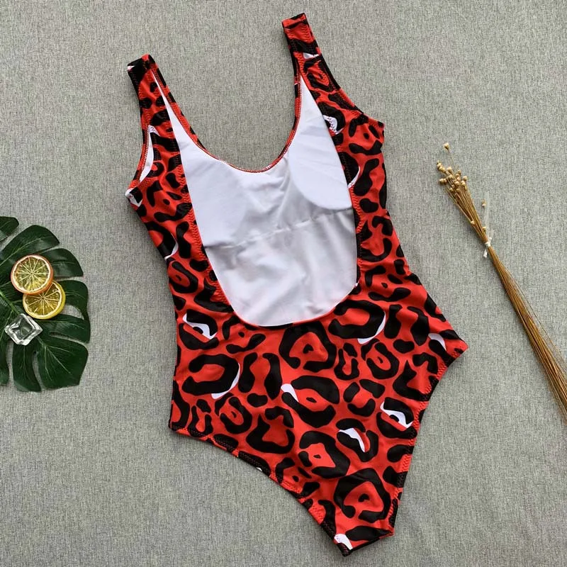 

Red Women Leopard One Piece Swimsuit Body Suits Push Up Swimwear Women Brazilian Beach Bathing Suit Swim Wear