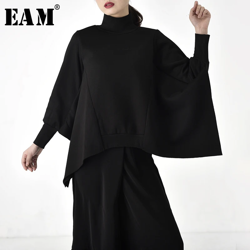 

[EAM] Loose Fit Black Batwing Sleeve Asymmetrical Sweatshirt New High Collar Women Big Size Fashion Autumn Winter 2019 WD0030