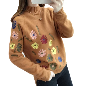 

Winter Women Sweater Pullover 2018 New Fashion Embroidery Knitwear Half Turtleneck Jumper Long-sleeved sweater Female Tops AA495