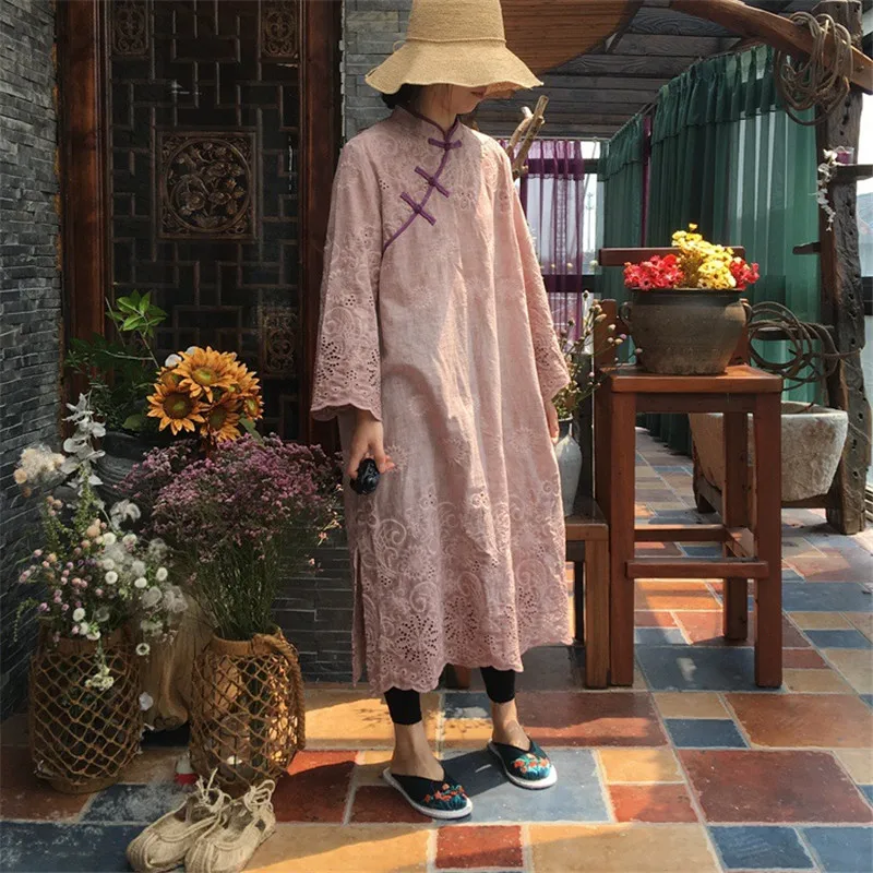 Новинка, женские винтажные платья с длинным рукавом и вышивкой, летние платья в китайском стиле, платья с пряжками