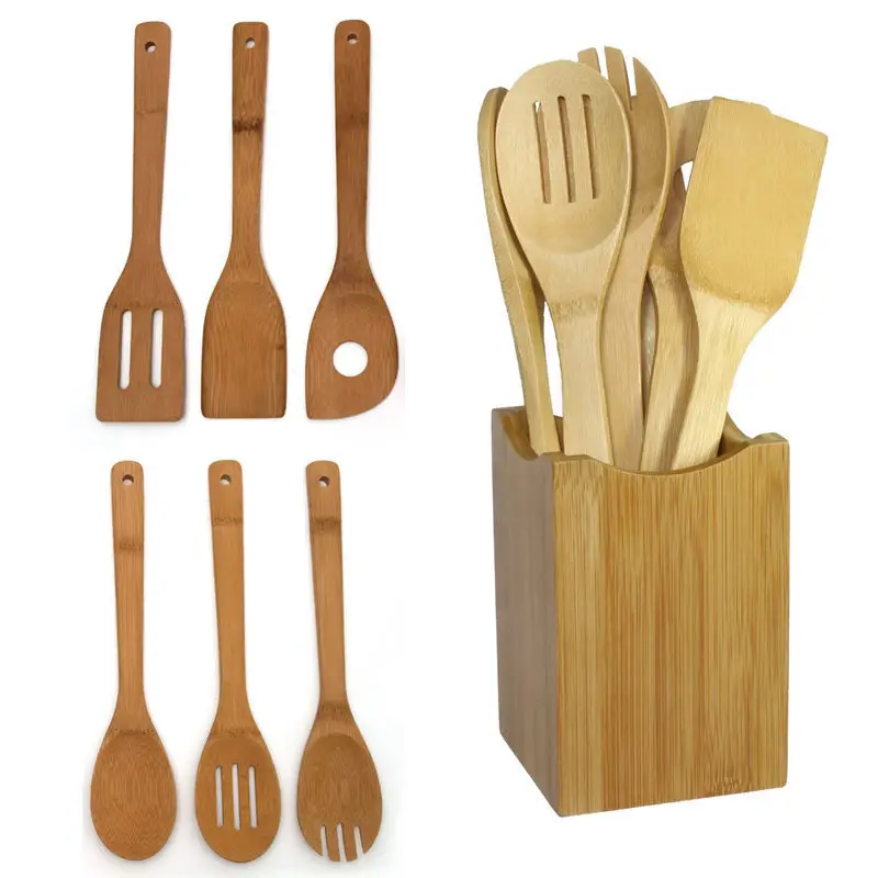 

6 Pcs/Set Bamboo Wooden Spoon Spatula Ladle Utensils For Kitchen Cooking Spoon Spatula Mixing Wood Tools Kitchen Accessories