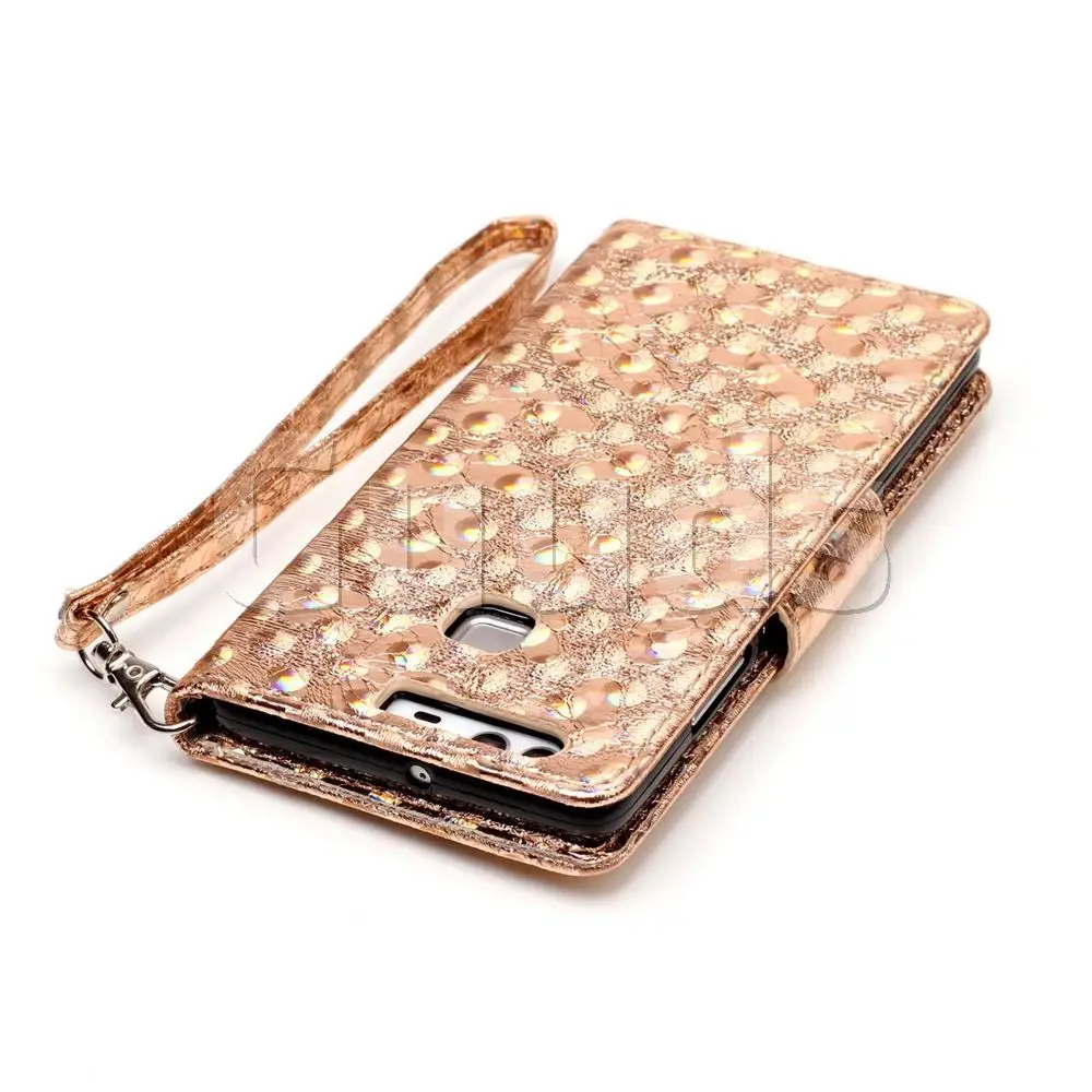 Luxury Laser Butterfly Optical Maser Leather Wallet Case for Huawei P9 - Golden