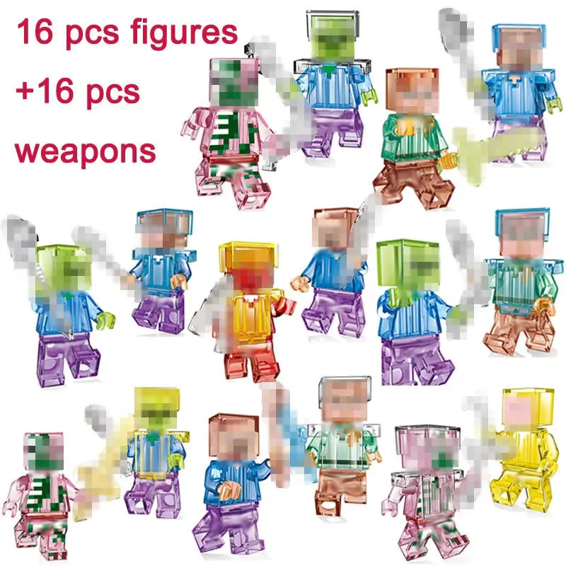 

My World 16Pcs Minecraft Figures With Weapons Crystal Zombie Steve Skeleton Compatible Minecrafted Building Block Toys Gift #E
