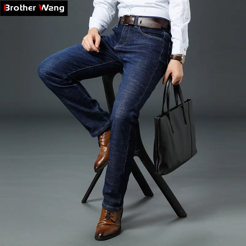 

2019 Autumn Winter New Men's Business Brand Jeans Casual Stretch Slim Fit Male Denim Trousers Black-blue Big Size 40 42 44 46