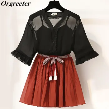 

Casual Beach Shorts Two Piece Set Women 2019 Summer V-neck Loose Black Chiffon Shirt Tops and Sashes Pleated Shorts Suits