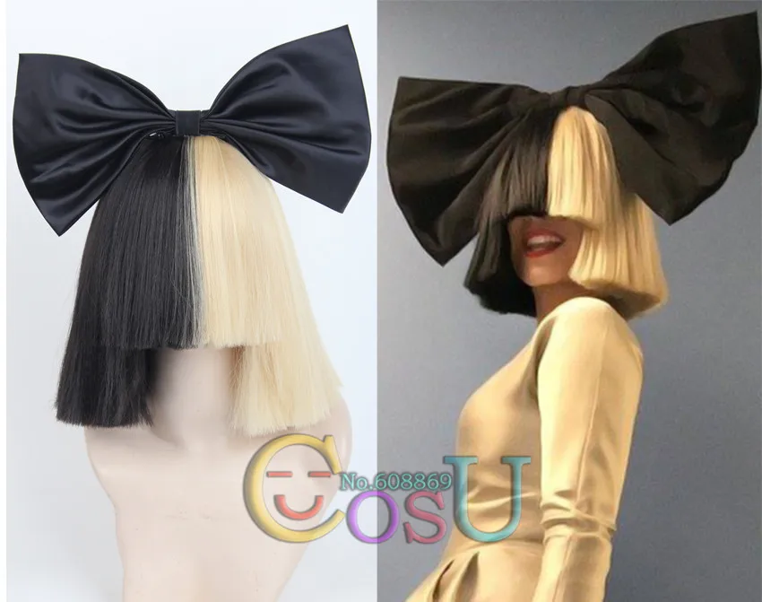 Topcosplay Sia Alive This Is Acting Half Black and  Blonde Short Costume Cosplay Wigs Cover Nose Halloween Hair for Women