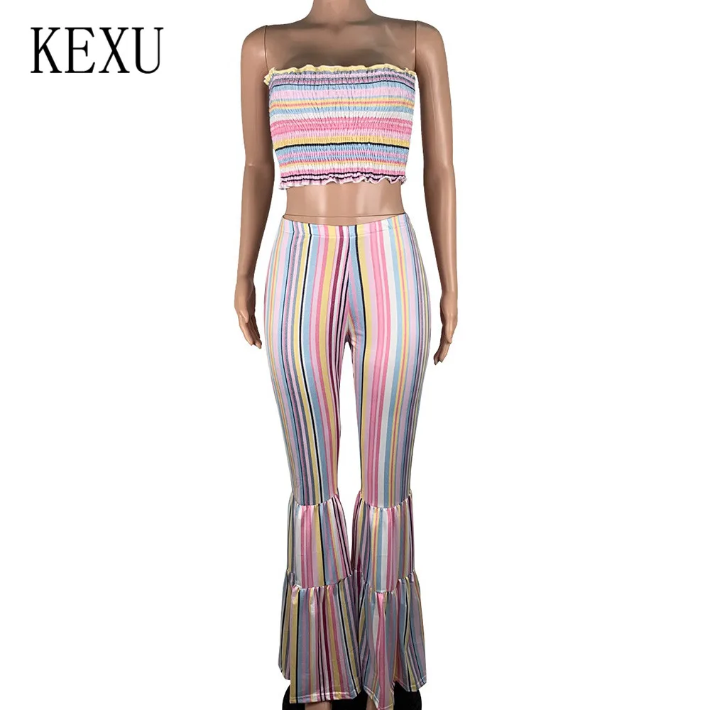 KEXU Women's Striped Print Tube Top To Play Flared Jumpsuits 2 Pieces Sets Sexy Off Shoulder Casual Playsuits Macacao Feminino