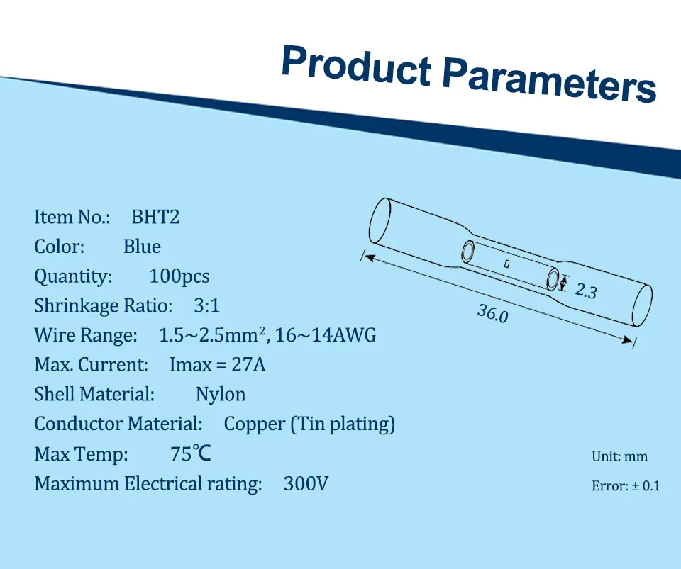 100 шт. синий термоусадочный стык 16-14 AWG с нейлоновой изоляцией стыковые соединители BHT2 обжимные клеммы электрический соединитель провода