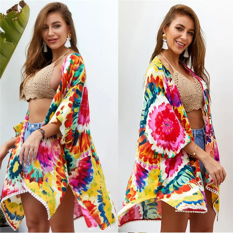 Для женщин Beach прикрыть летний купальный костюм Цветочный Топ Бикини Cover Up Блузка шаль открытым сшитый кардиган