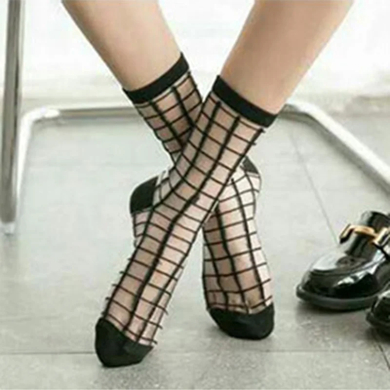 

Cool Transparent Socks for Women Casual Plaid Pattern Elastic Crew Socks Summer Thin Breathable Black Sock 2019