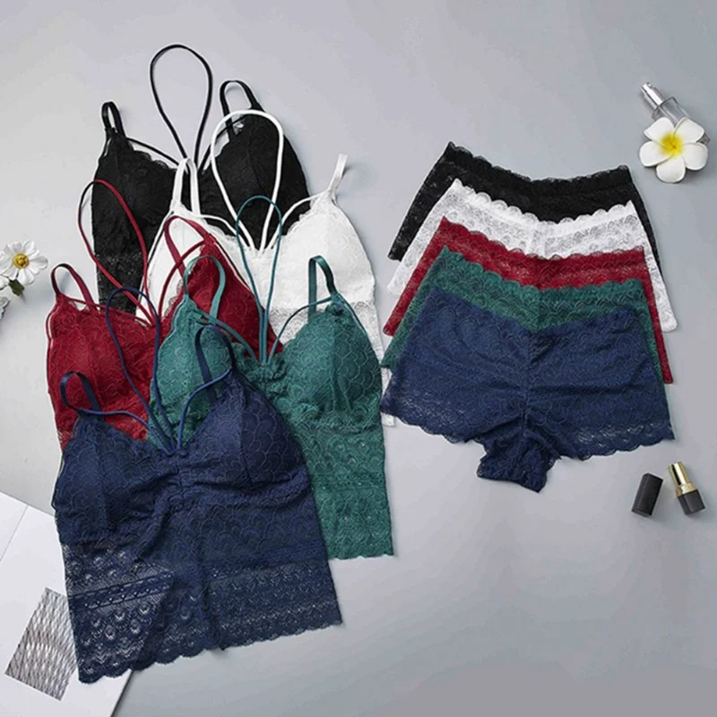 

Women Lace Bra Set Solid Lingerie Sexy BackCross Lace Bras and Brief Set Camis Lace Wire Free Beauty Back Hollow Out Underwear