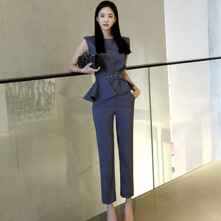 

Women Two Piece Sets Striped Sleeveless Ruffles Sashes Tops Ankle-Length Straight Pants Elegant Office Party Fashion Clothing