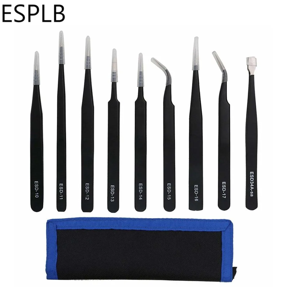 9pcs ESD Stainless Steel Tweezers Precision Anti Static Industrial