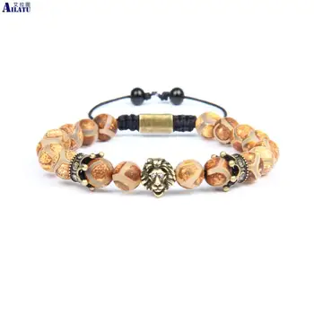 

Ailatu New Men's Lion Head Macrame Bracelet with 8mm Natural Football Stone Beads