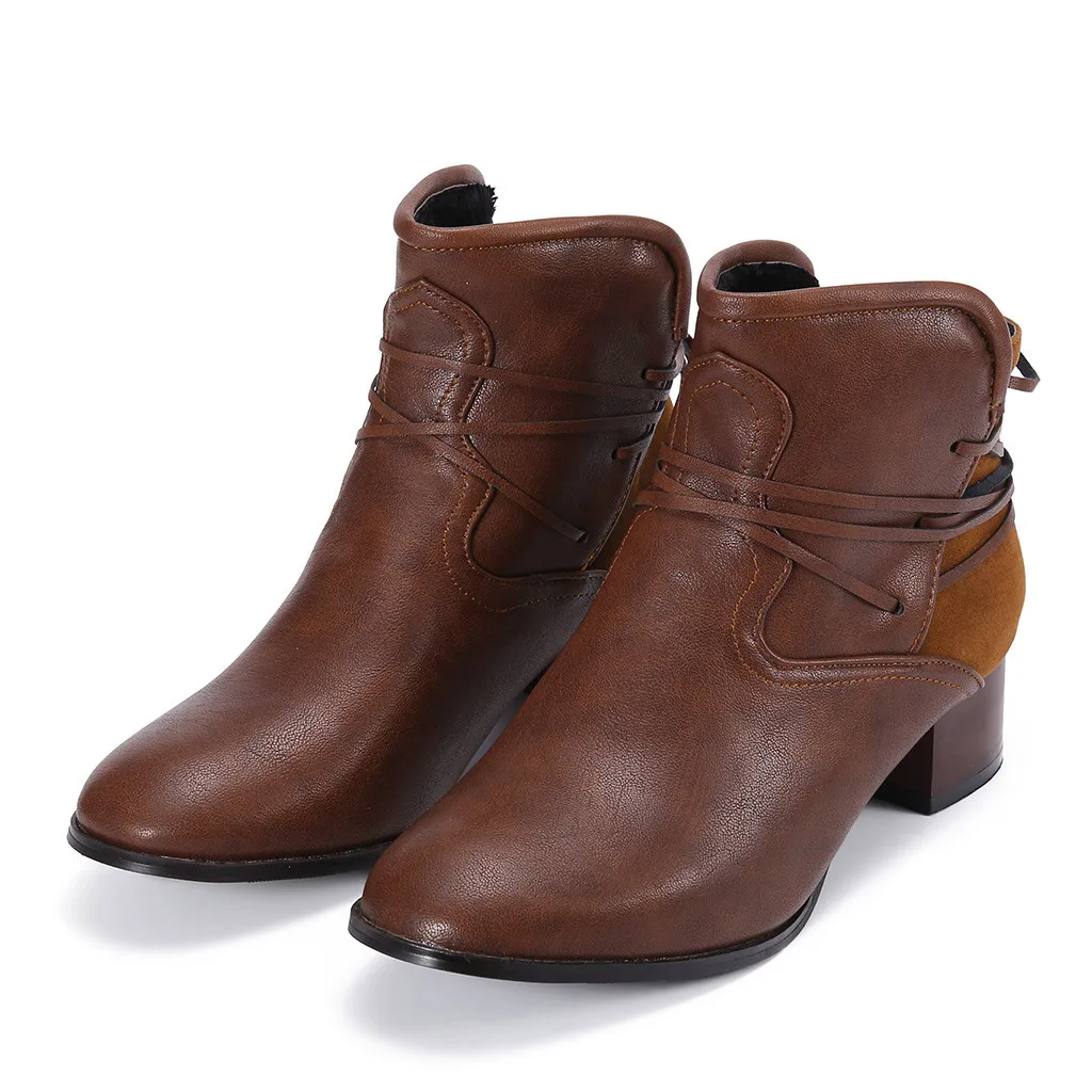 

Fashion Retro Women's leather boots Low-Heeled Rear Tie Non-Slip Shoes Round-Toe autumn winter ankle boots for women med heel
