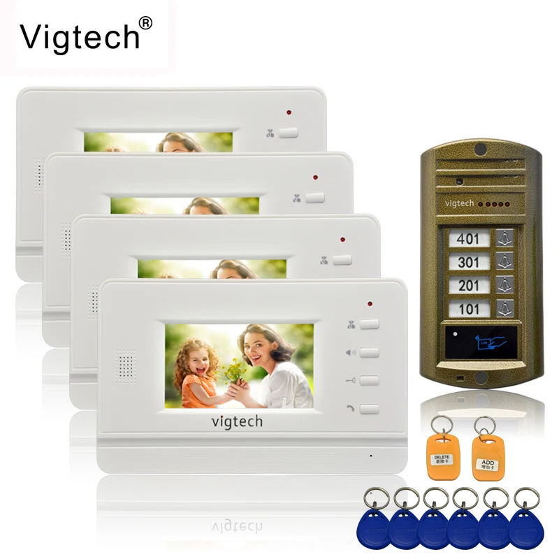 Vigtech 4,3 ''Цвет видео-телефон двери 4 Мониторы с 1 внутрнний дверной звонок может управлять 4 дома для многоквартирных RFID Камера
