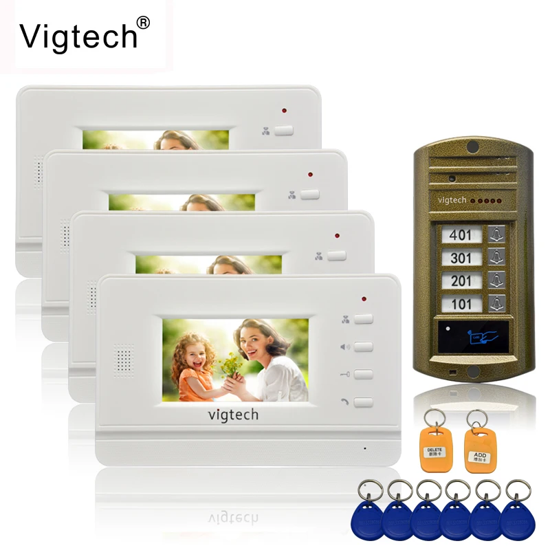 buy Vigtech 4.3 #039; #039; color video door phone 4 monitors with 1 intercom doorbell can control 4 houses for multi apartment RFID Camera