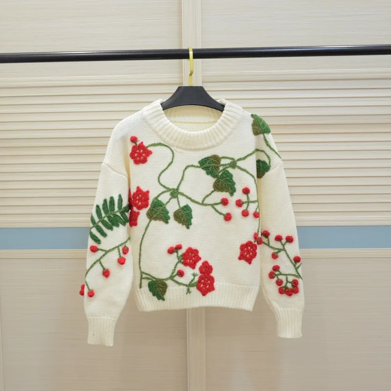 Women's Autumn Sweater Coarse lines knitting Pullovers hand made Floral Embroidery Sweater Loose O-neck roupas feminina Sweaters