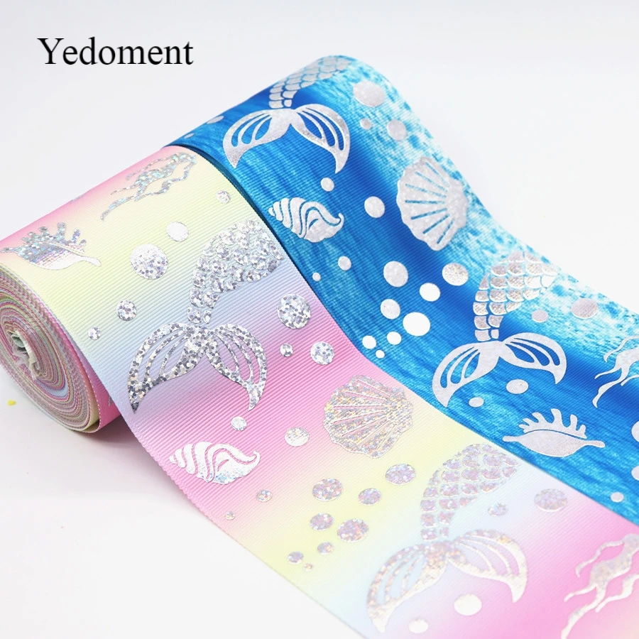 

10 Yards 3" 75MM Grosgrain Ribbon Laser Silver Mermaid Printed Ribbon For Hair Bows DIY Crafts Handmade Accessories M19043002