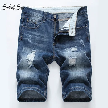 

Silentsea Fashion Hole Denim Shorts For Male Plus Size 28-42 Men's Shorts Jeans Blue Color Leisure Short