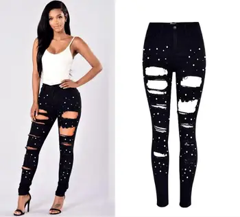 

European&American high-waisted pearls beading Stretch ripped jeans Fashion women's streetwear black pencil pants Chic denim pant