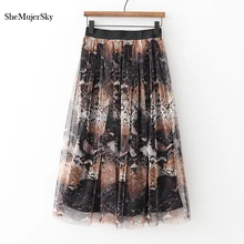 SheMujerSky женские тюлевые юбки со змеиным принтом миди плиссированная юбка юбка с высокой талией falda mujer