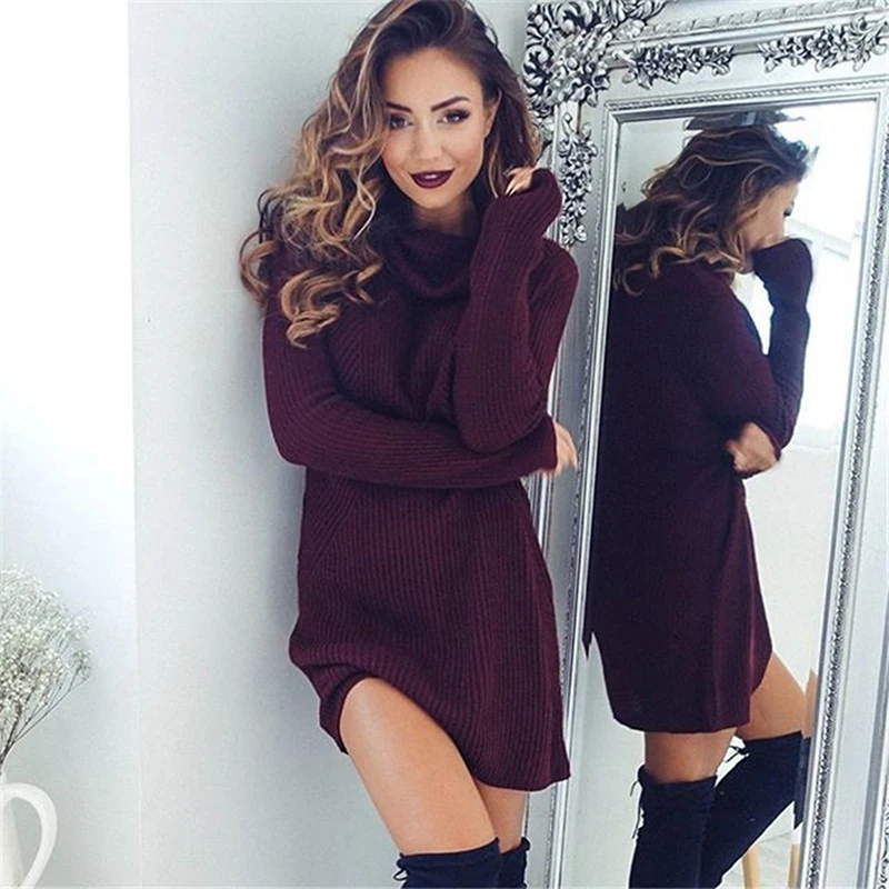 Женское трикотажное платье свитер AQ956806 повседневное мини с высоким воротом|dresses