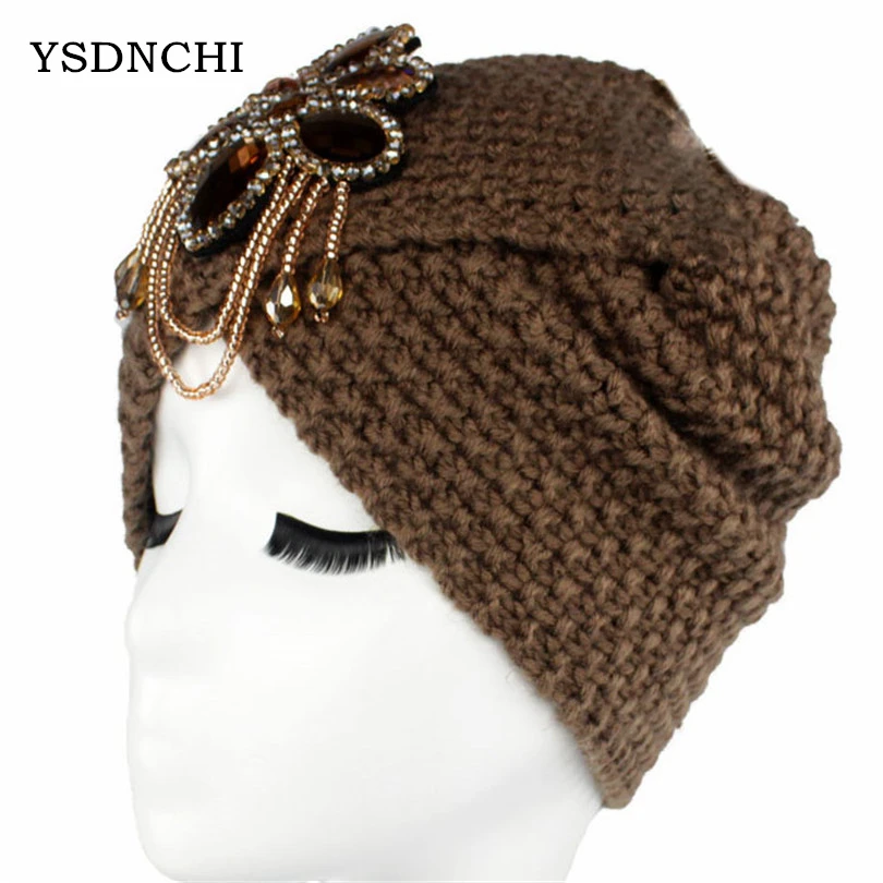

Crochet Headwrap For Women Ladies Jewel Wool Accessory Winter Warm Hats Floral Stretch Turban Soft Knit Female Beanie Cap M064
