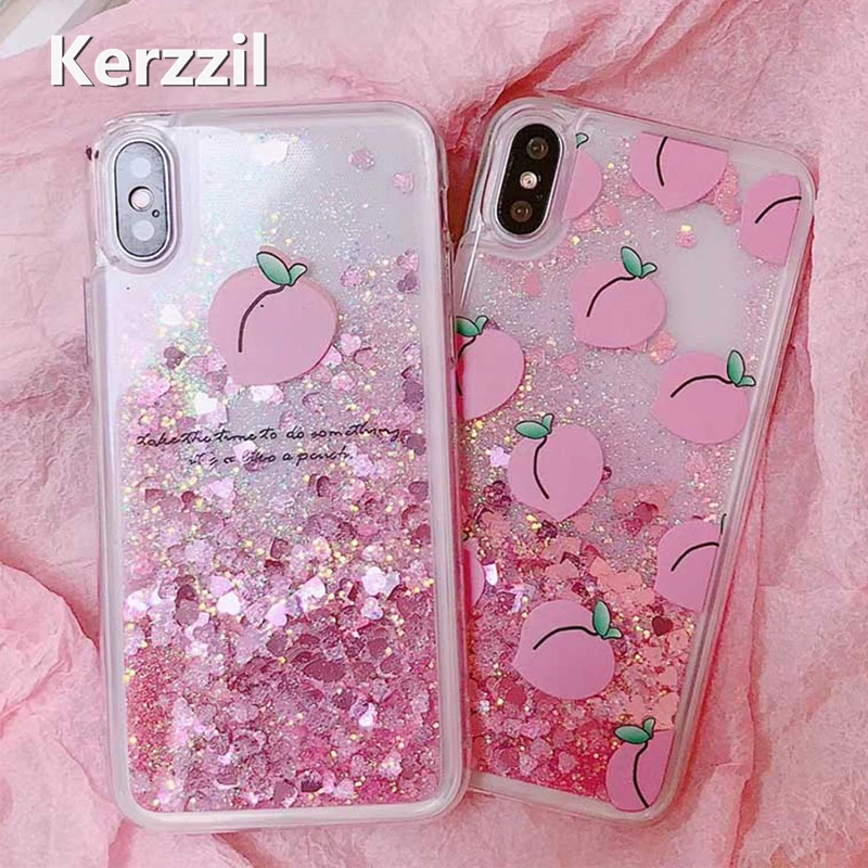 Glitter Liquid Phone Case For iPhone X 8 7 Plus Peach Cute Pink Love Heart 6 6S Hard Back Cover | Мобильные телефоны и