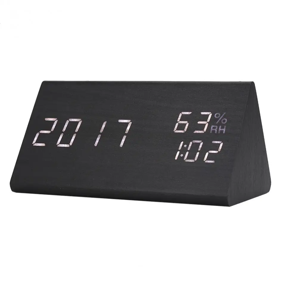 

White Backlight Digit Wooden Alarm Clock LED Digital Time/Temperature/Humidity Display Voice Control