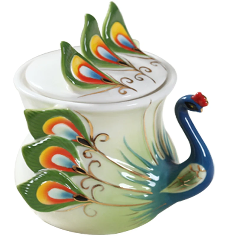 

3D Creative Peacock Sugar Pots Bone China container Colored enamel porcelain Tableware Coffee Drinkware Set