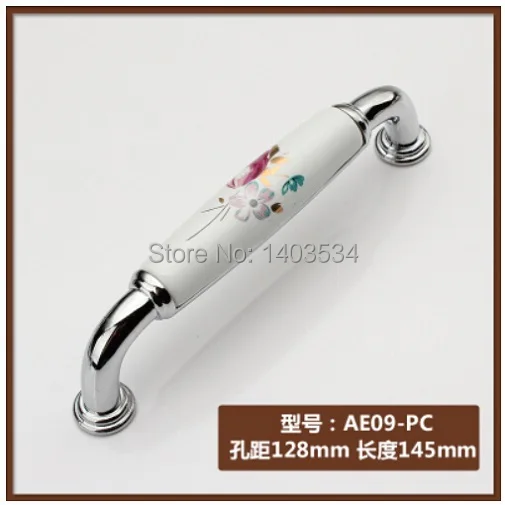 

Hole Pitch 128mm Zinc alloy chrome shiny finish Modern handle cabinet ceramic handle drawer pulls tulip flower print