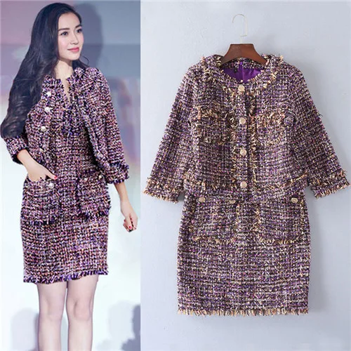 famous brand short jackets and sleeve dress two sets for women vintage woven tinsel tweed coat dress suits tassel edging cc