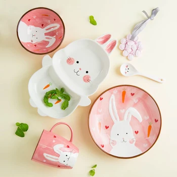 

Children Ceramic Bowl Cute Plate Bowl Spoon Porcelain Tableware Suit Creative Cartoon Baby Rice Bowl